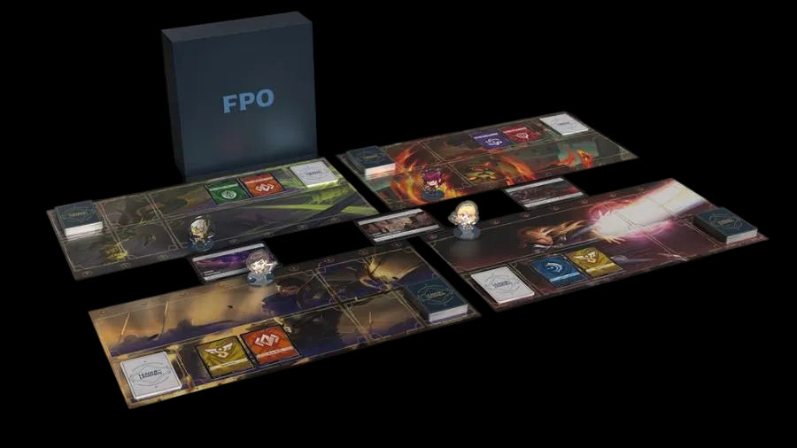 Fate/Powershouse board game set displayed on a black background, including multiple illustrated game boards, cards, small character figures, and a dark box labeled FPO.