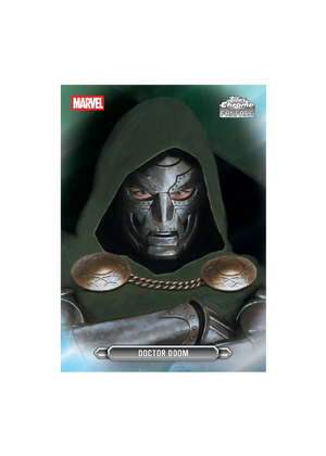 Character in green hood and armor with 'Marvel' and 'Topps Chrome Fanfare' logos.