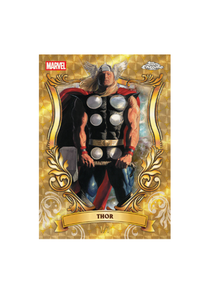 Thor trading card with decorative border and Marvel logo