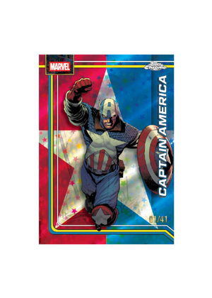 Captain America trading card with colorful background and Marvel logo