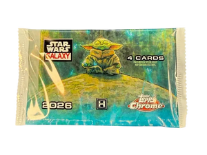 A sealed Topps Chrome Star Wars Galaxy trading card booster pack featuring Yoda on a teal and green holographic background, with '2026' printed on the front.