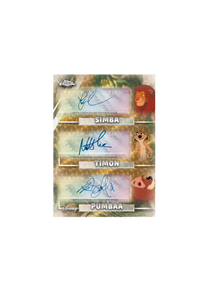 Collectible card featuring Simba, Timon, and Pumbaa with autographs and Topps Chrome branding.