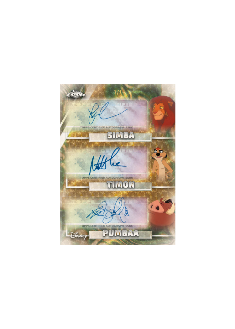 Collectible card featuring Simba, Timon, and Pumbaa with autographs and Topps Chrome branding.