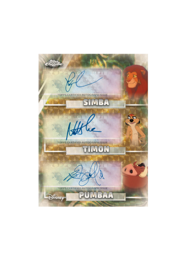Collectible card featuring Simba, Timon, and Pumbaa with autographs and Topps Chrome branding.