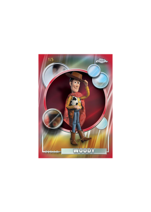 Toy Story trading card featuring Woody with a colorful border and 'Pixar' branding.