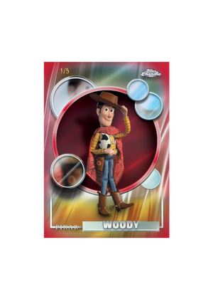 Toy Story trading card featuring Woody with a colorful border and 'Pixar' branding.