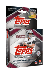 Topps 2026 Flagship Football trading card booster box packaging, featuring a football player on the front and NFL and NFLPA logos at the bottom, shown against a plain white background.