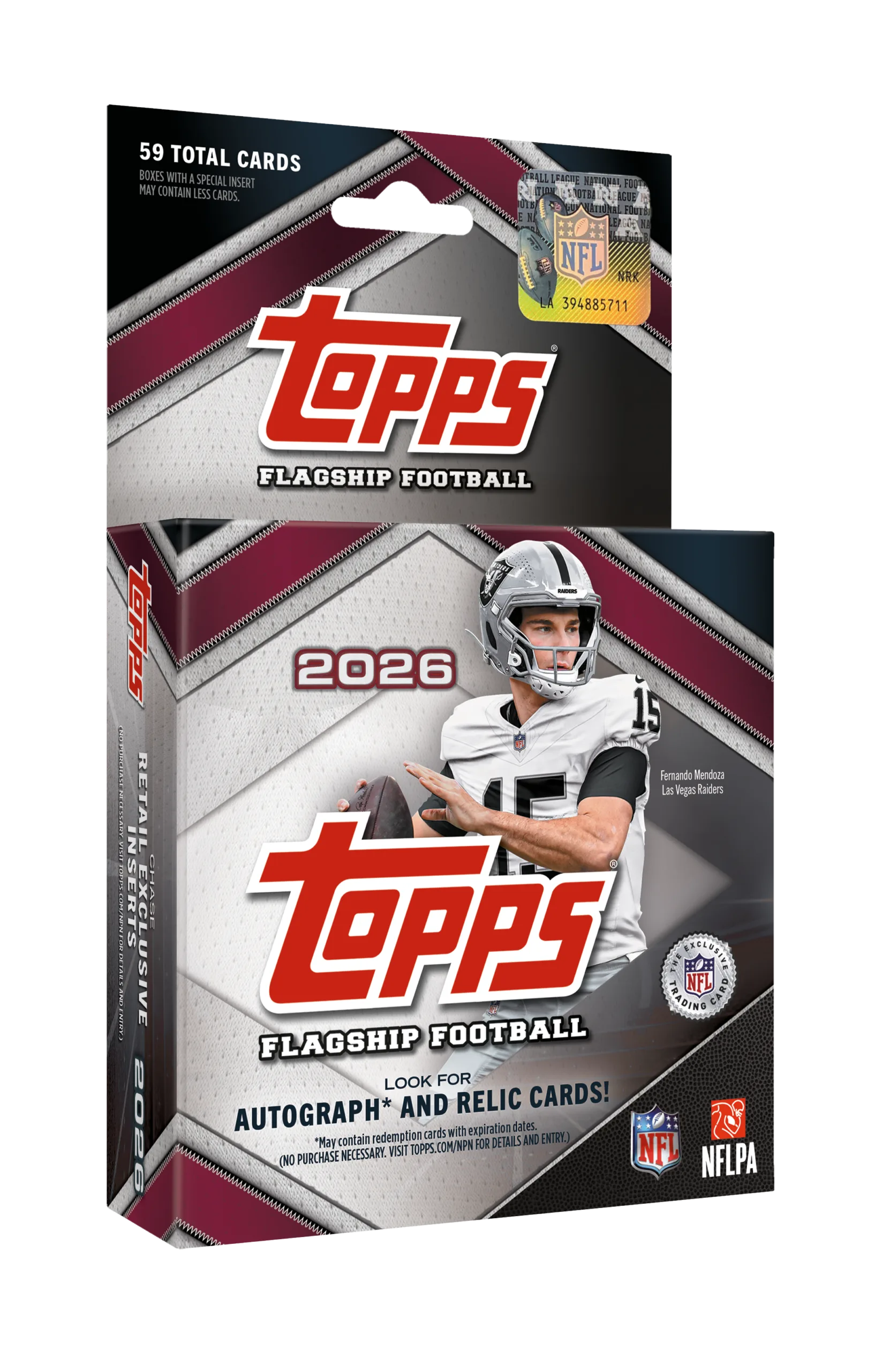 Topps 2026 Flagship Football trading card booster box packaging, featuring a football player on the front and NFL and NFLPA logos at the bottom, shown against a plain white background.