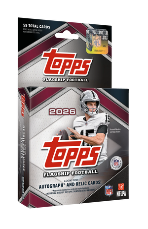 Topps 2026 Flagship Football trading card booster box packaging, featuring a football player on the front and NFL and NFLPA logos at the bottom, shown against a plain white background.