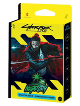 Cyberpunk TCG starter deck box for 'Night City: Embracing Power', featuring a bright yellow and black design with an illustrated character holding a sword.