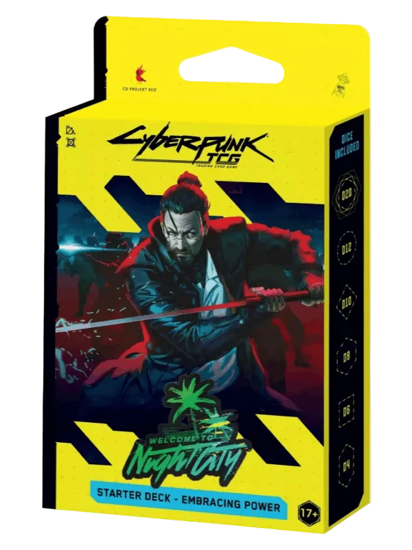 Cyberpunk TCG starter deck box for 'Night City: Embracing Power', featuring a bright yellow and black design with an illustrated character holding a sword.