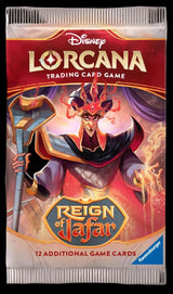 Disney Lorcana Trading Card Game pack featuring a character from the game with 'Reign of Jafar' text.