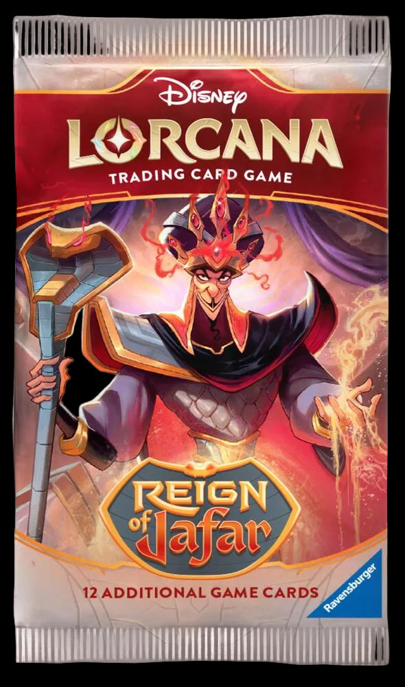 Disney Lorcana Trading Card Game pack featuring a character from the game with 'Reign of Jafar' text.