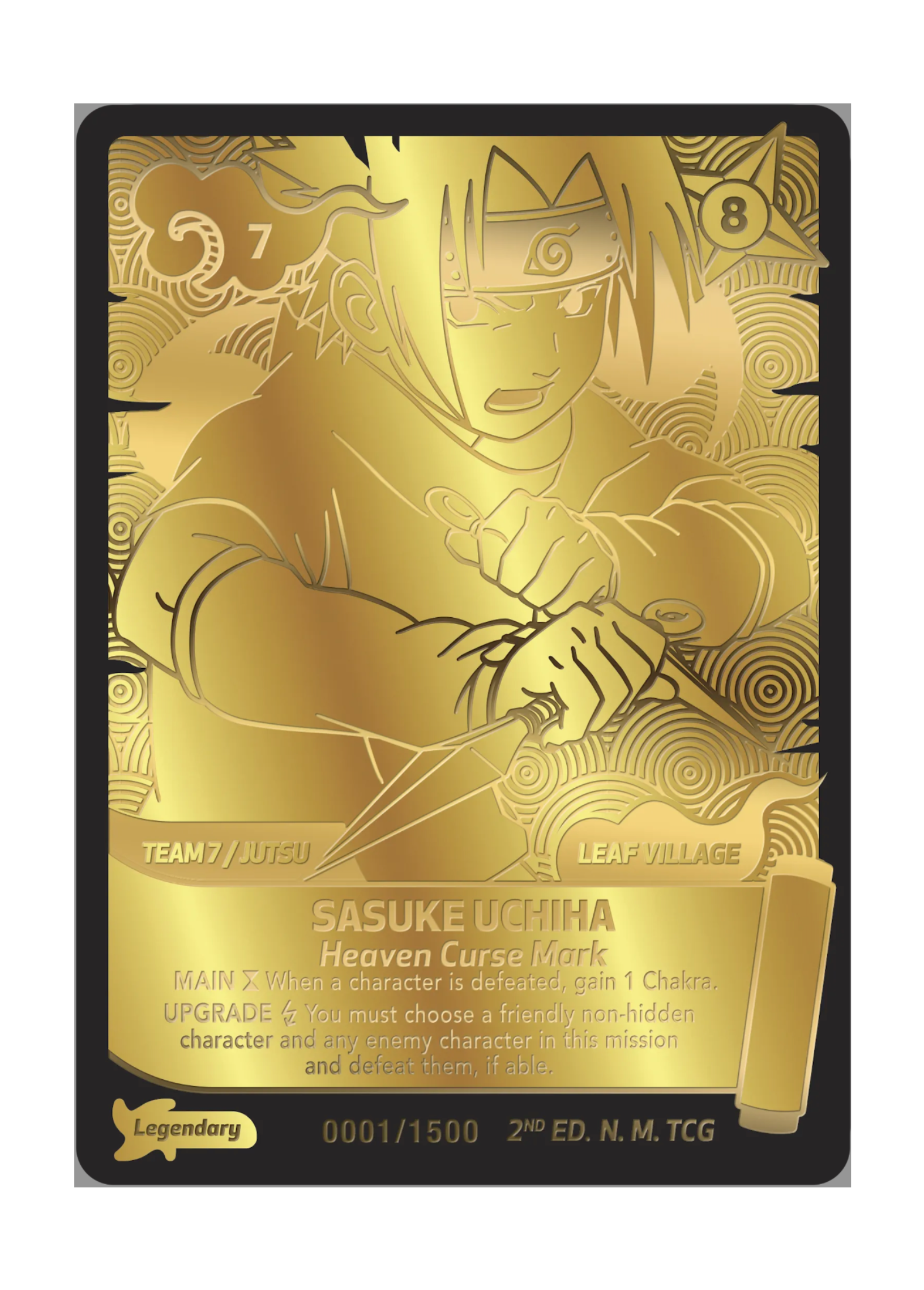 Gold-themed trading card featuring a character from a popular anime series, with intricate designs and text.