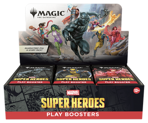 Box of Marvel Super Heroes Play Boosters with character illustrations on the packaging.
