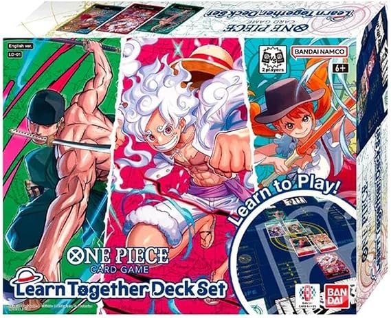One Piece card game box with colorful characters and text on a white background