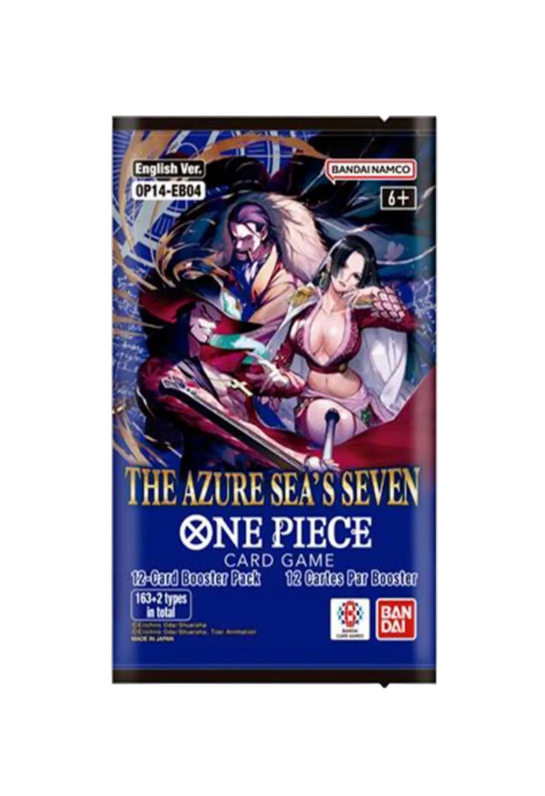 The Azure Sea's Seven One Piece Card Game booster pack, English Version, featuring anime artwork of Katakuri and Smoker on the front cover, with Bandai and Namco logos visible.