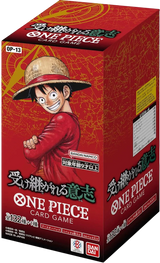 One Piece card game packaging with character design on red background