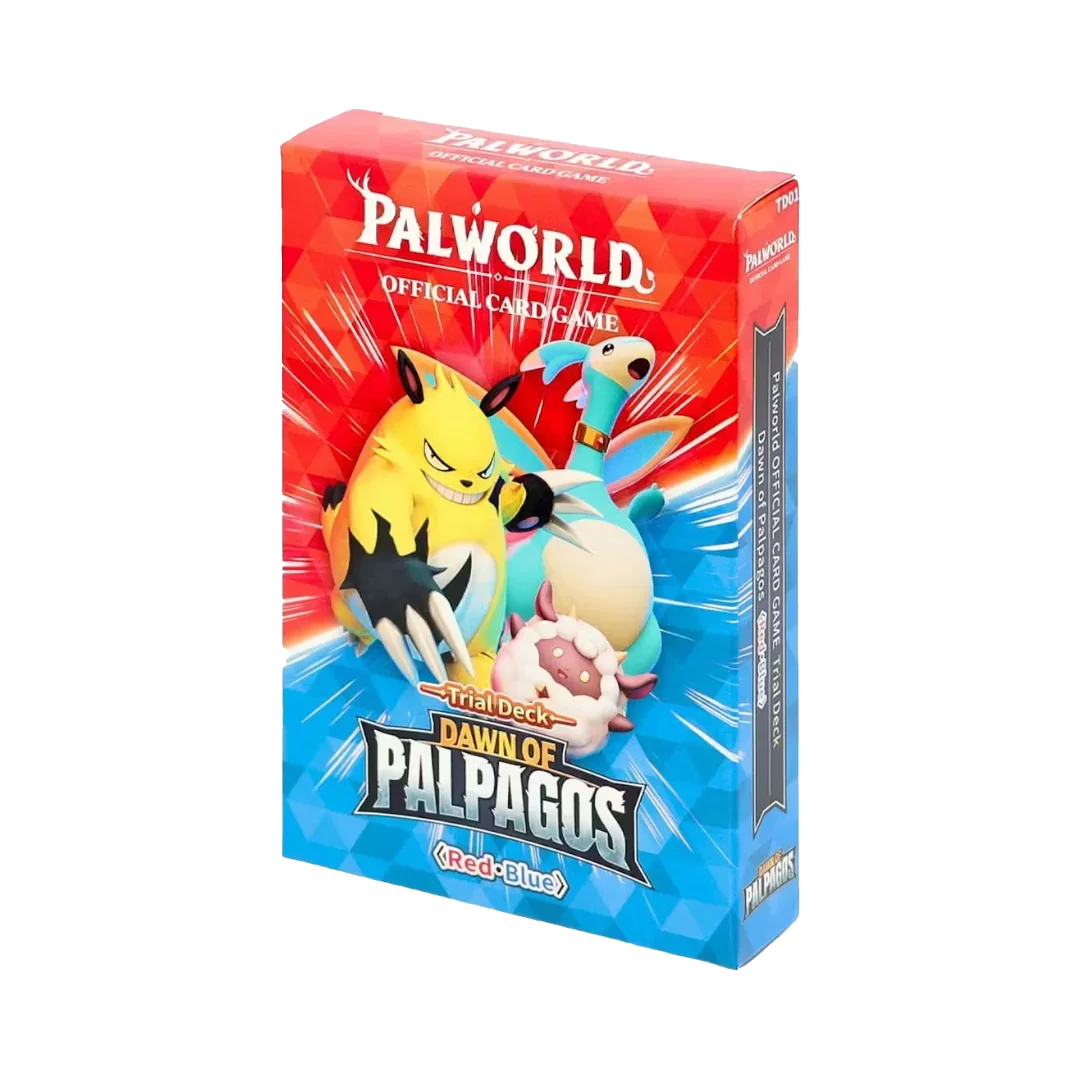 A boxed card game product titled Palworld: Dawn of Palpagos, shown standing upright on a plain white background. The box features colorful artwork with red and blue sections, Paldean characters, and the Palworld branding.