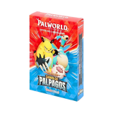 A boxed card game product titled Palworld: Dawn of Palpagos, shown standing upright on a plain white background. The box features colorful artwork with red and blue sections, Paldean characters, and the Palworld branding.