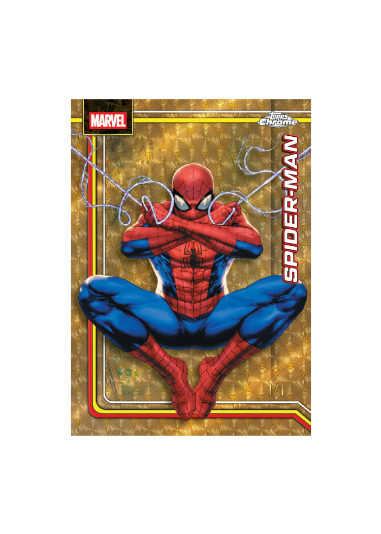 Spider-Man trading card with Marvel logo on a gold background