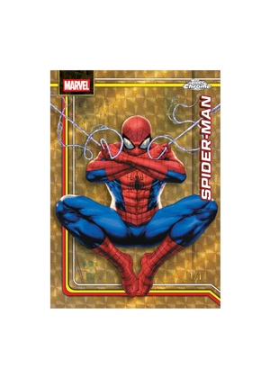 Spider-Man trading card with Marvel logo on a gold background