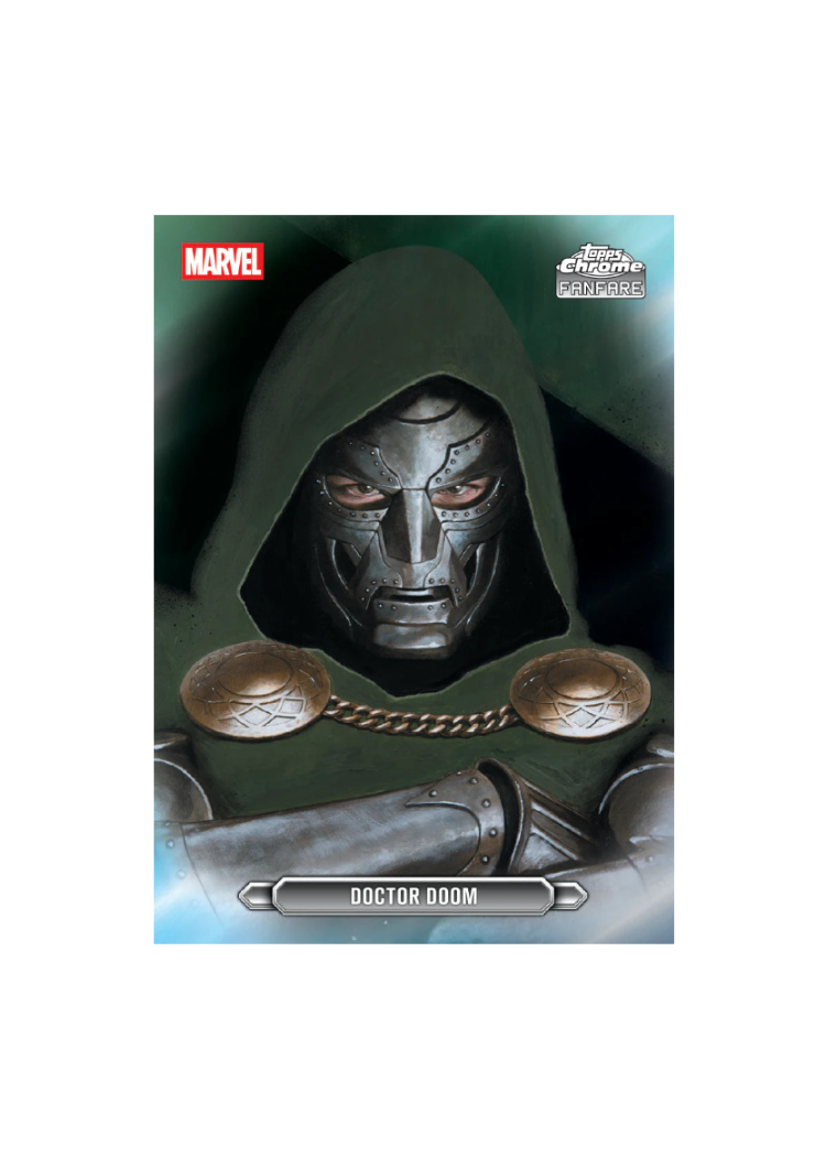 Character in green hood and armor with 'Marvel' and 'Topps Chrome Fanfare' logos.