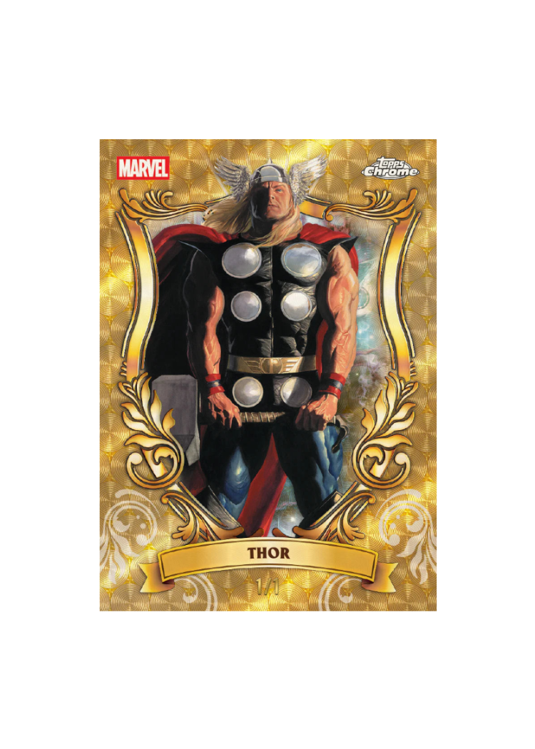 Thor trading card with decorative border and Marvel logo