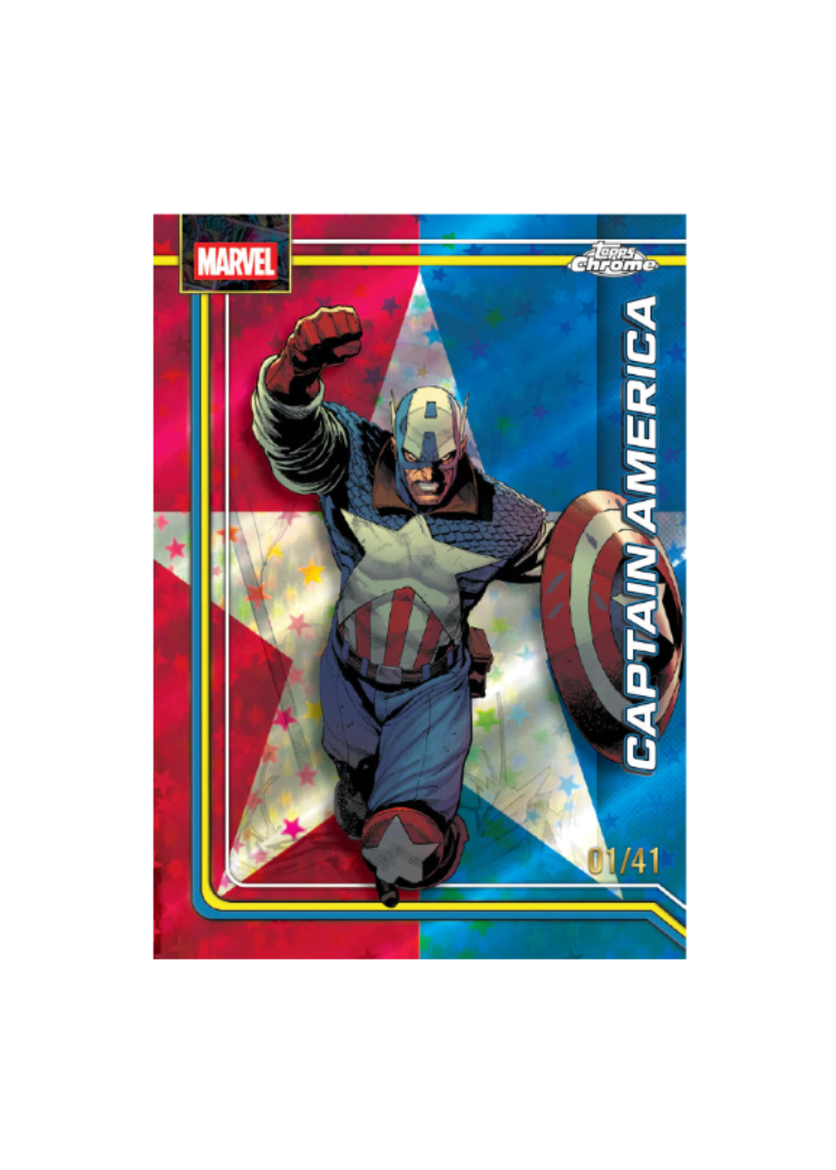 Captain America trading card with colorful background and Marvel logo