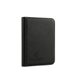 Black leather portfolio on a textured gray surface