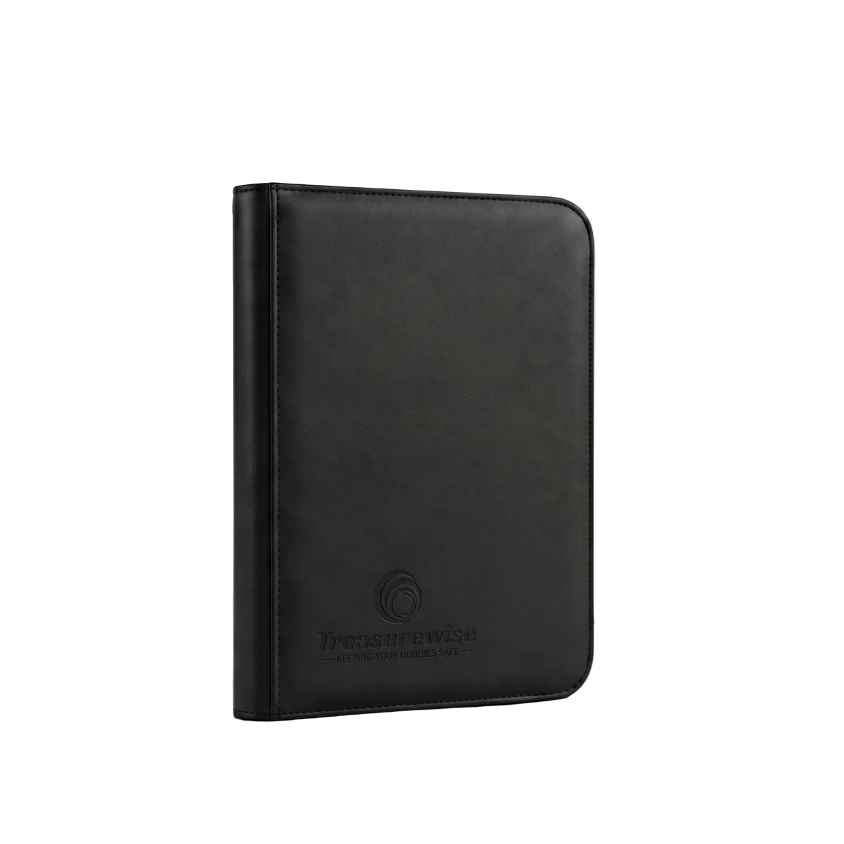 Black leather portfolio on a textured gray surface