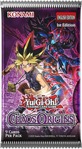 Yu-Gi-Oh! Trading Card Game Chaos Origins 1st Edition English Edition booster pack packaging featuring Yugi and a dark blue monster on a purple background.