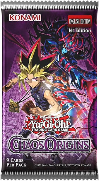 Yu-Gi-Oh! Trading Card Game Chaos Origins 1st Edition English Edition booster pack packaging featuring Yugi and a dark blue monster on a purple background.
