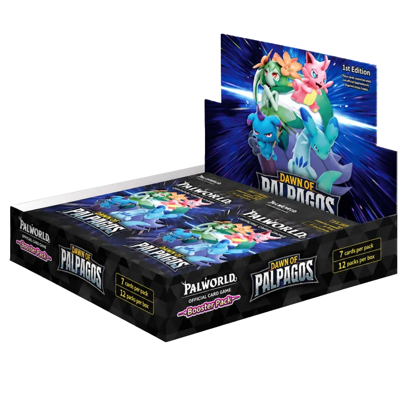 A Palworld booster pack display box showing multiple sealed booster packs inside, with a large product card back panel displaying Dawn of Palpagos characters on a white background.