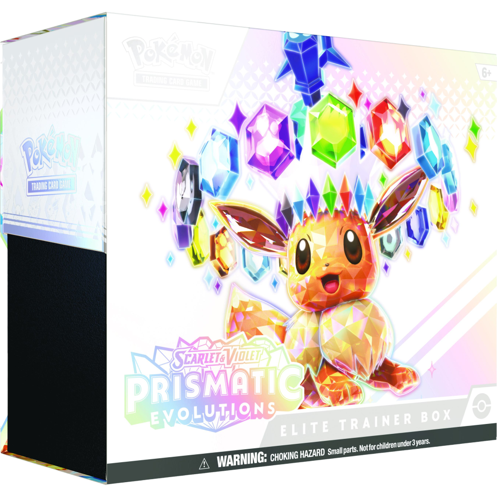 Pokémon Scarlet & Violet Prismatic Evolutions Elite Trainer Box, featuring a white box with colorful holographic graphics of Eevee and floating prismatic gems.