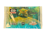 A sealed Topps Chrome Star Wars Galaxy trading card booster pack featuring Yoda on a teal and green holographic background, with '2026' printed on the front.