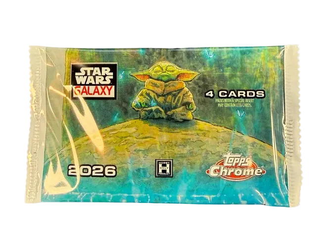 A sealed Topps Chrome Star Wars Galaxy trading card booster pack featuring Yoda on a teal and green holographic background, with '2026' printed on the front.