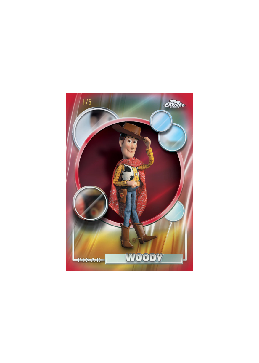 Toy Story trading card featuring Woody with a colorful border and 'Pixar' branding.